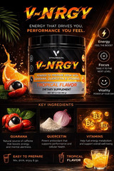 VitalHealth V-NRGY Dietary Supplement Powder Drink Mix, Tropical Flavor, 3.1 oz